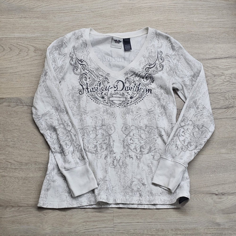 Harley-Davidson Blouse Women's Medium White Stretch Round Neck Top Sequins